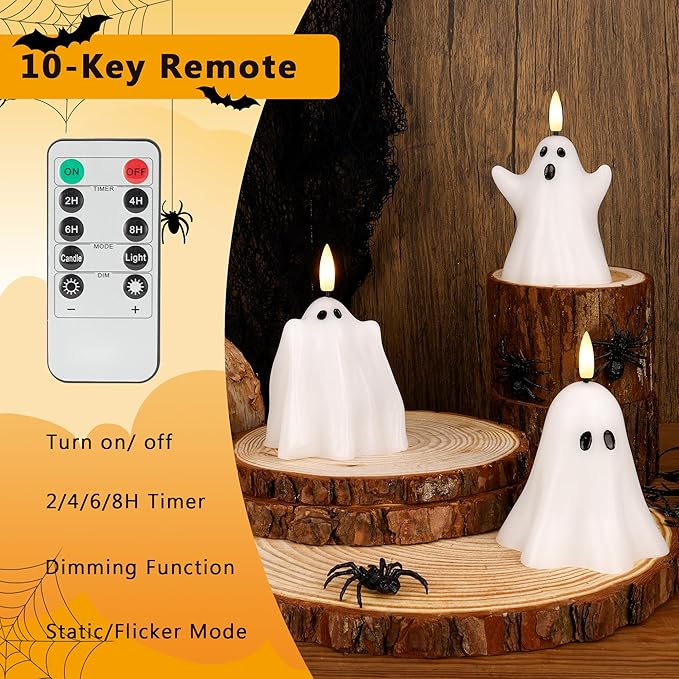 Halloween Flameless Candles with Remote, Real Wax Ghost LED Candles, Flickering Battery Operated Fake Candle, Halloween Decorations for Table,Fireplace, Home, Party, Festival Decor (Set of 3)