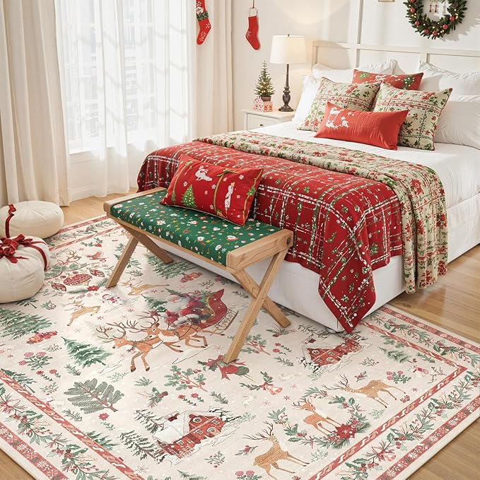Lahome Christmas 5x7 Rugs for Living Room, Christmas Tree Santa Claus Soft Bedroom Rug Indoor, Non Slip Washable Low Pile Floor Carpet for Dining Room Winter Holiday Decor, Beige