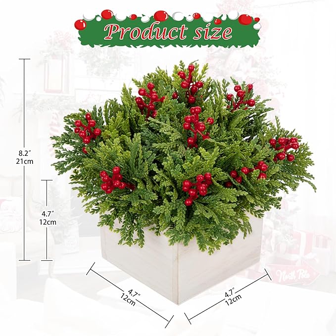 DILATATA Christmas Centerpieces 8 Inch Artificial Christmas Plant in Square Wooden Pot Tabletop Pine Plants with Red Berries Cedar Leaves for Winter Holiday Party Fireplace Mantel Xmas Decor