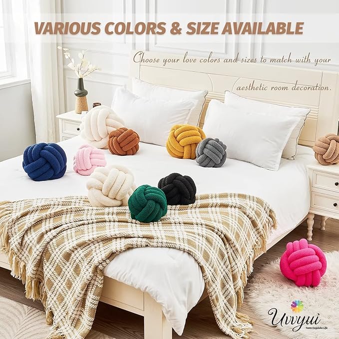 Uvvyui Knot Pillow Ball, Soft Home Decorative Pillows, Round Throw Pillow, Handmade Knotted Plush Pillow, Round Boucle Pillow Cushion (14 Inches Khaki)