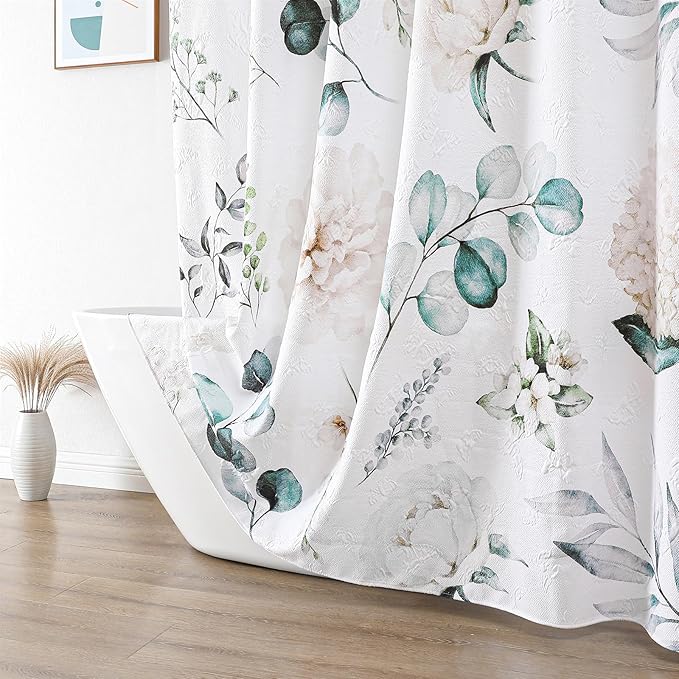 QiyI 72x72 White Floral Shower Curtain, 3D Embossed Butterflies, Waterproof Fabric, Set with Hooks