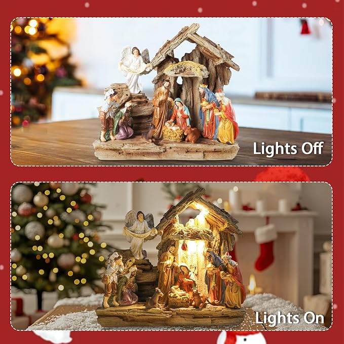 Nativity Sets 9.8 Inch Christmas Village Manger Nativity Scene Indoor Baby Jesus Christmas Decorations Tabletop Scenes Figures Set Christmas Ornaments