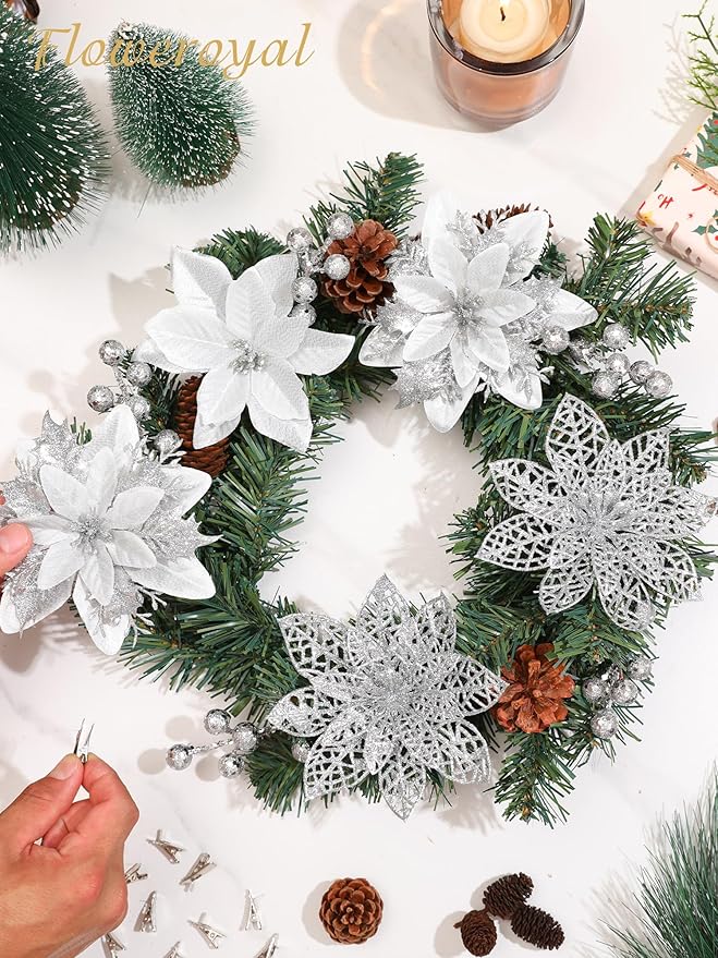 Floweroyal 30pcs Poinsettia Artificial Christmas Flowers Decorations with Clips and Berry Stems Glitter Ornaments for Christmas Tree Wreath Fireplace Stairs Decor (Silver-3 Styles)