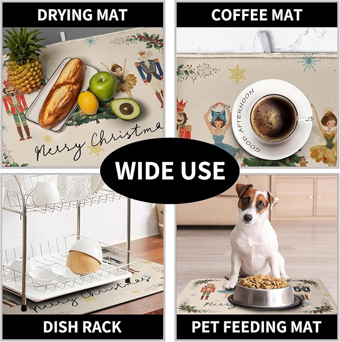 Merry Christmas Nutcracker Dish Drying Mat for Kitchen Counter 18x24 Inch Winter Xmas Tree Snowflakes Drying Mats Microfiber Absorbent Dish Drainer Washable Dish Rack Pad for Sink Coffee Bar