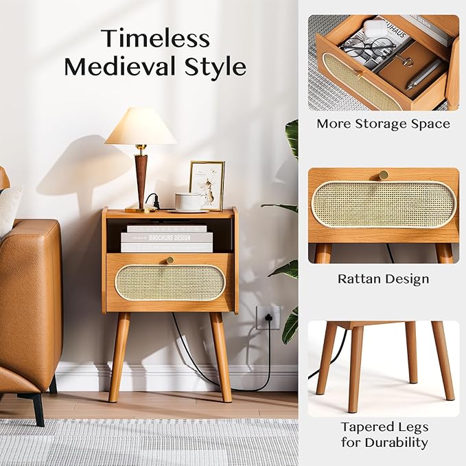 Night Stand Set 2, Mid Century Modern Nightstands, Wooden Bedside Table with Charging Station & Rattan Drawer, Boho End Table with Storage, Solid Wood Legs Side Tables for Bedroom, Cherry