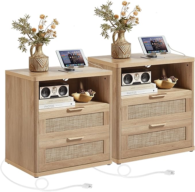 LEYAOYAO Rattan Nightstands Set of 2 with Charger Station, 23" Wide Boho Night Stand with 2 Drawers, Natural Wood Bedside Table Open Shlef, Bed Side End Table Dresser for Bedroom, Living Room Hallway