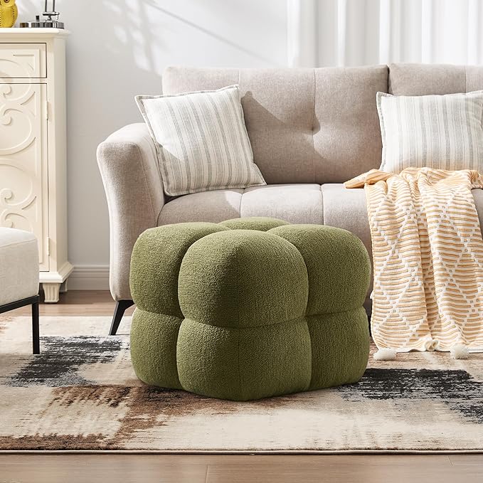 ONEVOG Olive Green Modern Ottoman, 21" Square Fuzzy Couch Sherpa Pouf Ottoman, Tufted Cute Boucle Fabric Foot Stools, Upholsered Footrest & Coffee Table & Vanity Chair for Living Room Bedroom, Dorm