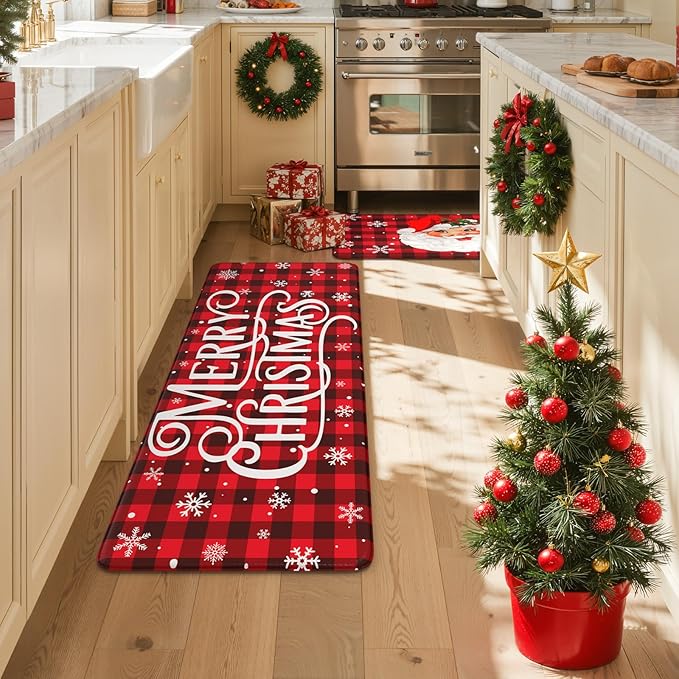 Christmas Buffalo Plaid Santa Claus Kitchen Mat 2PCS, Cushioned Anti Fatigue Kitchen Mats for Floor Non Skid Waterproof Comfort Foam Standing Rugs for Desk Laundry Office Home Decor, 17"x30"+17"x47"