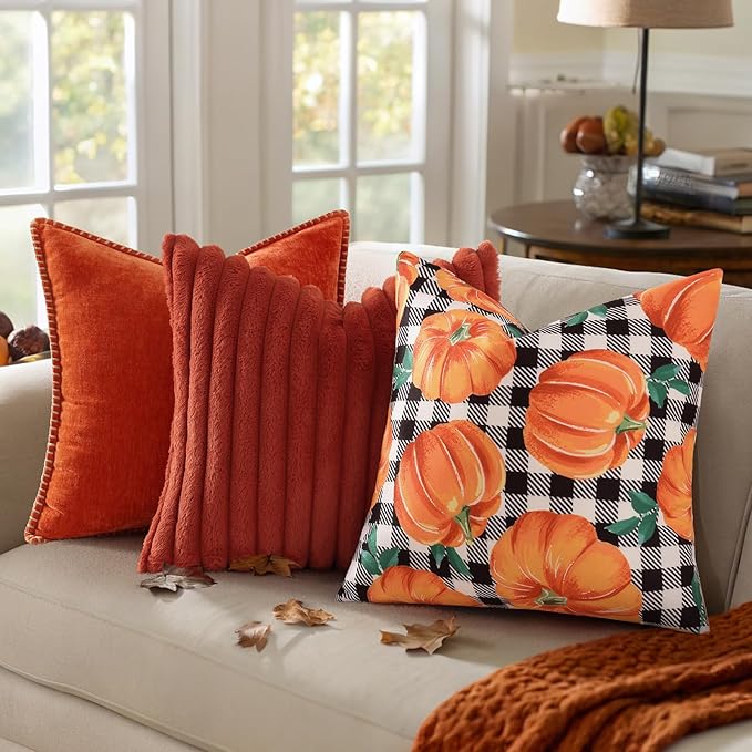 decorUhome Fall Orange Pumpkin Linen Decorative Throw Pillow Covers 12x20 Set of 2, Lumbar Buffalo Plaid Check Farmhouse Gingham Cushion Covers with Stitched Edge for Autumn Harvest Couch Sofa Bed