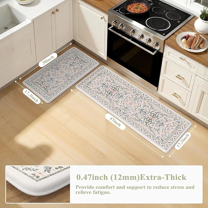 Collive Anti Fatigue Kitchen Floor Mat, Cushioned Waterproof Sink Mats Non Slip Floral Kitchen Rugs Sets of 2, Comfort Modern Standing Rug for Office, Laundry, Desk, 17"x30"+17"x47", Grey