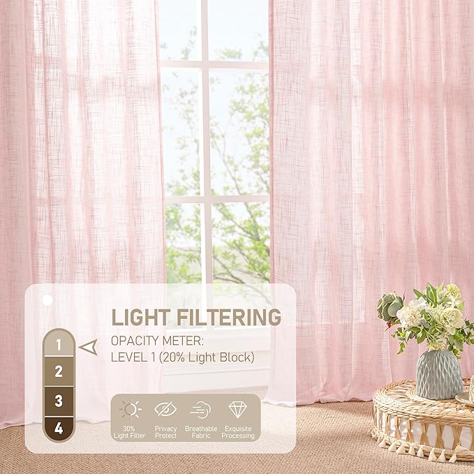 LAMIT Sheer Linen Curtains 63 Inch for Girls Bedroom, Light Filtering Neutral Semi Sheer Farmhouse Boho Curtains Back Tab and Rod Pocket Living Room Panels, Pink, 2 Panels, 52 x 63 Inch