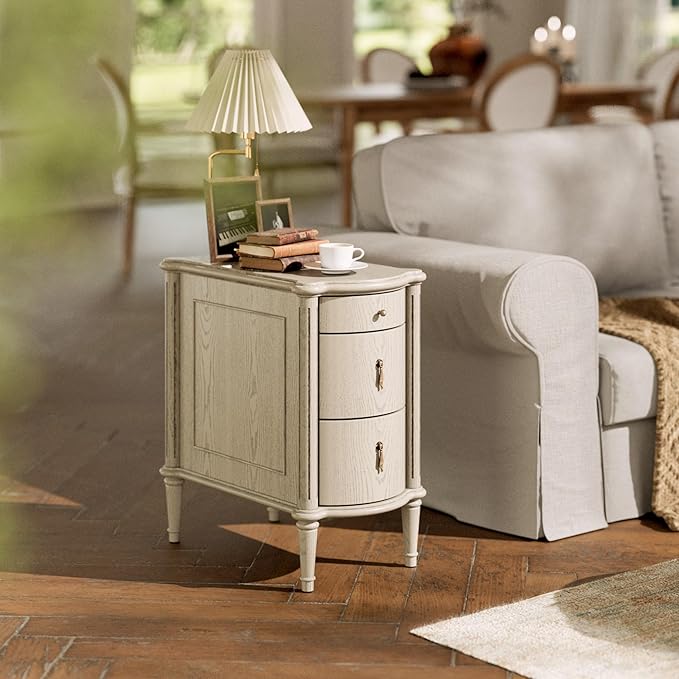 STO'SENSE Nightstand w/Charging Station & 3 Drawers, Pre-Assembled, Vintage Side Table w/Antique-Finished Pulls, Rustic Wood Finish, Narrow End Table w/Turned Legs for Bedroom (1, Antique Grey)