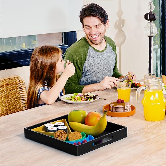 NIUBEE Acrylic Serving Tray 12x12 Inches -Spill Proof- Decorative Tray Organiser for Ottoman Coffee Table Countertop with Handles - Black