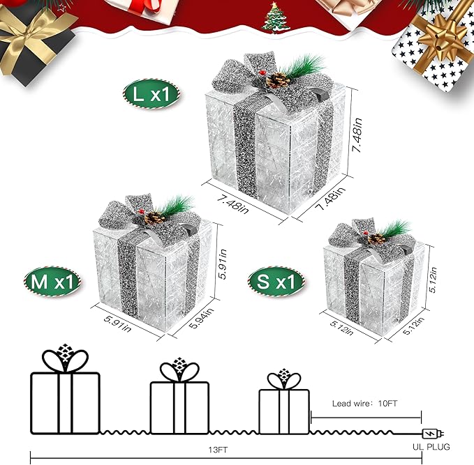 Christmas Decorations, Set of 3 Christmas Lighted Gift Boxes, Pre-lit 60 LED Light Up Present Boxes Warm White Xmas Ornaments for Indoor Outdoor Yard Lawn Home Decor (Silver Bow)
