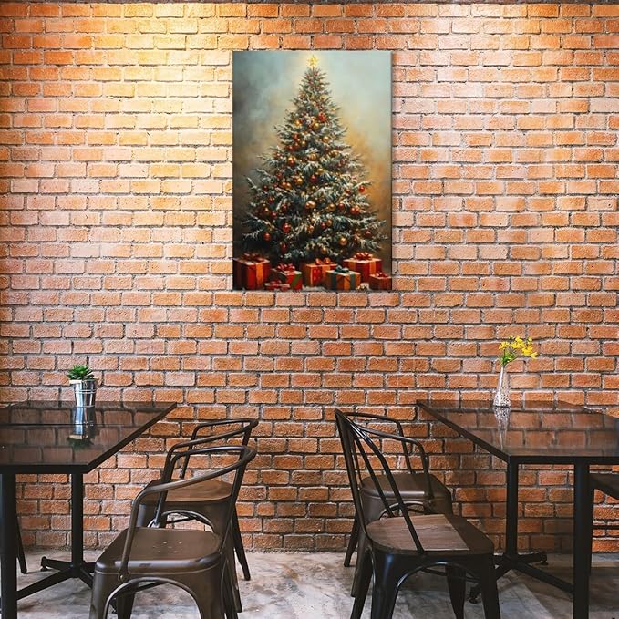 Vintage christmas wall art winter pine tree canvas poster xmas tree gift prints painting festive mood background wall decoration for living room bedroom Framed8x12inch