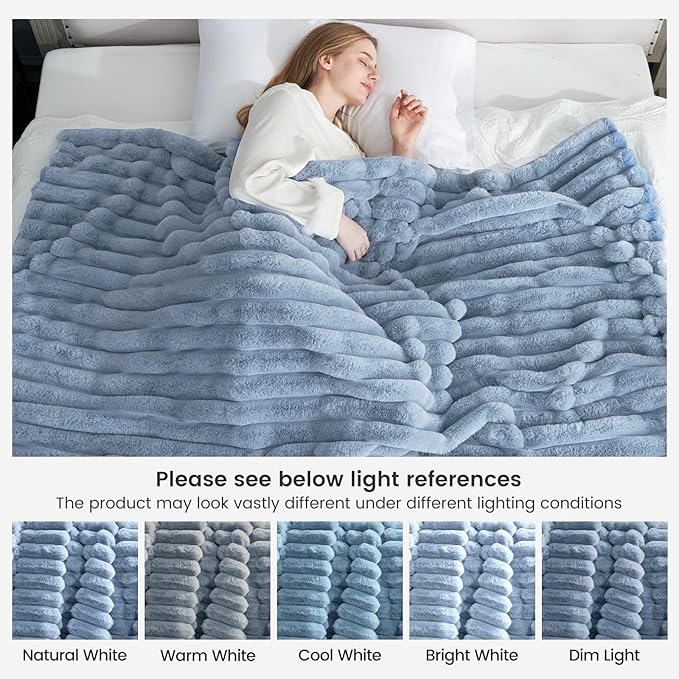 Cozy Bliss Faux Fur Throw Blanket for Couch, Cozy Warm Plush Striped Blanket for Sofa Bedroom Living Room, 50 * 60 Inches Light Blue