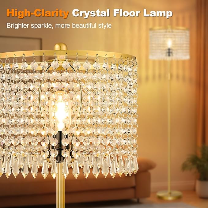 【Upgraded】 Floor Lamps for Living Room, 1000LM LED Bulb Included, Dimmable Standing Lamp with Crystal Lampshade, Tall Gold Pole Light for Bedroom Nursery Office Corner Reading