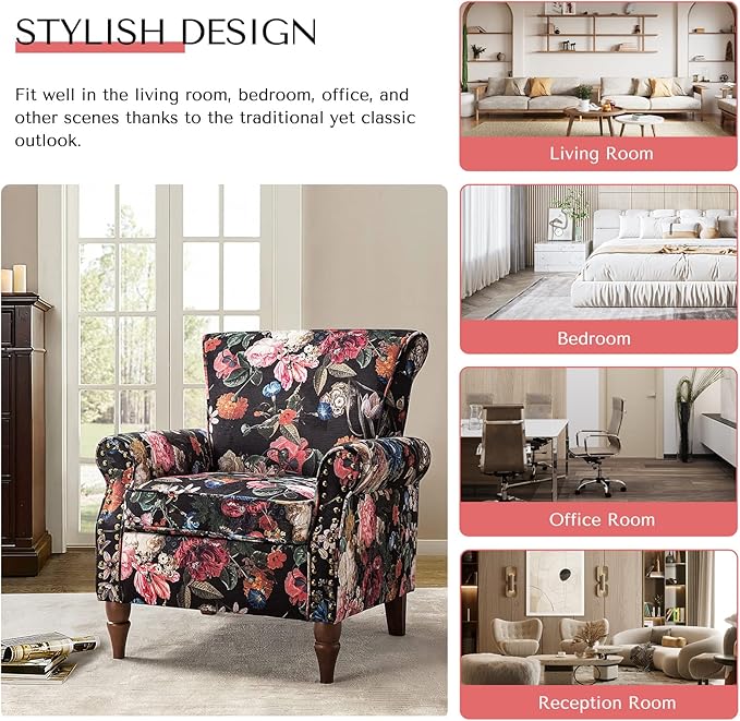 HULALA HOME Modern Wingback Accent Chairs Set of 2 with Wood Legs & Removable Cushion, Comfy Upholstered Armchairs with Nailhead Trim, Floral Pattern Single Sofa Chairs for Living Room Bedroom, Black