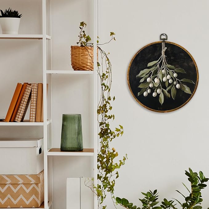 XPH Vintage Moody Christmas Round Wall Art Framed, Dark Academia Mistletoe Circle Wall Decor, Winter Cottagecore Botanical Hanging Canvas Prints for Home Bedroom Living Room Decoration, 10x10 Inch