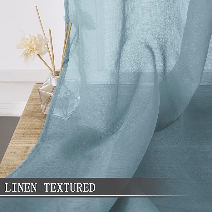 Tollpiz Sheer Tier Curtains Kitchen Linen Textured Half Curtain Sheers Light Filtering Rod Pocket Voile Bathroom Short Curtains for Farmhouse, 25 x 30 inches Long, Dusty Blue, Set of 2 Panels