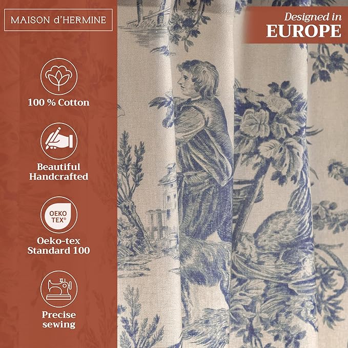 Maison d' Hermine Curtains for Living Room 100% Cotton 96 inch Length One Panel Light Filtering Toile Curtains for Bedroom Windows with Rod and Loop Pockets Drapes (The Miller Blue, 50" W x 96" L)