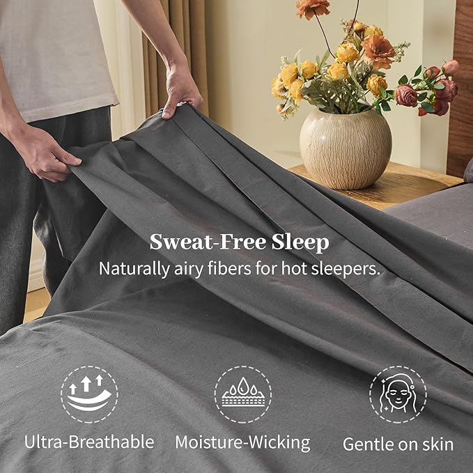 MEISHANG 100% French Pure Linen Sheets Queen Size - Bed Sheets 4 Piece Sets, Soft Durable Flax Linen, Anti-Tear Breathable Oeko-Tex Certified with 16" Deep Pocket (Dark Grey)
