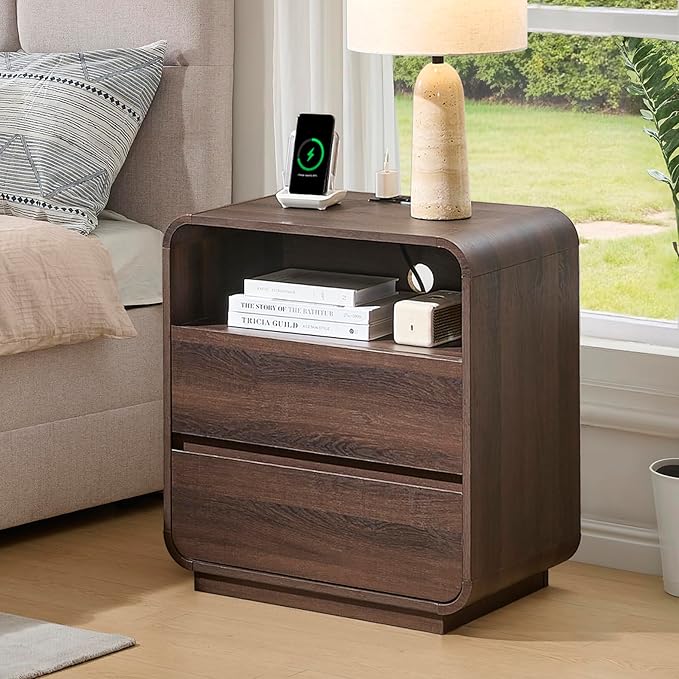 Modern Walnut Nightstand, 25" Tall Wooden Bedside Table with Charging Station, 2 Storage Drawers Side Table Curved Profile, Handleless, Large End Table Night Stand for Bedroom, Office