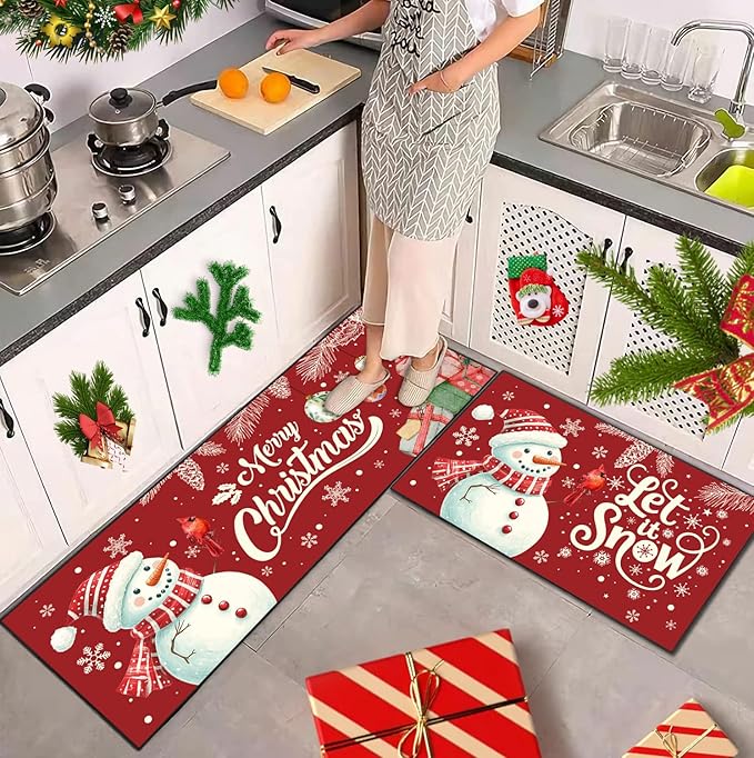 Christmas Snowman Kitchen Rugs Non-Slip Holiday Floor Mats 2 Piece Set Vintage Decor Soft Absorbent for Sink Front 17x30 and 17x47 Inches