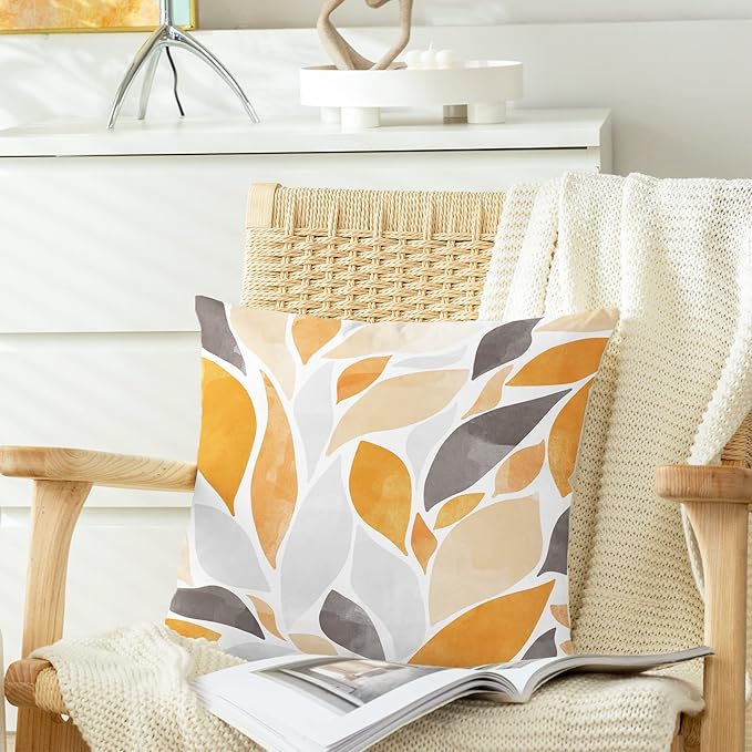 CaliTime Throw Pillow Cases Pack of 2 Cozy Fleece Falling Dahlia Floral Flowers Petals Decorative Cushion Covers for Couch Bed Sofa Farmhouse Decoration 18 X 18 Inches Orange Gold Grey