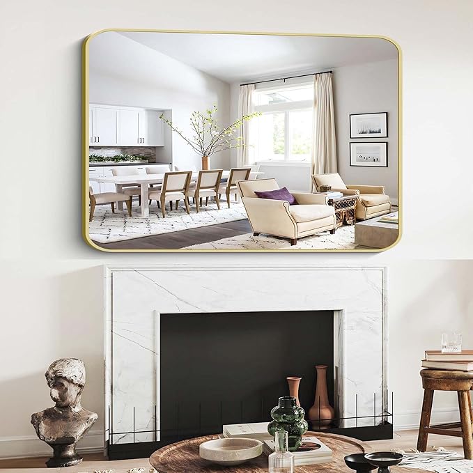 55"x36" Gold Bathroom Mirror, Large Rectangle Mirror, Rectangular Wall Mirror, Rounded Corner Vanity Mirror with Aluminum Metal Frame for Bathroom Bedroom Living Room Horizontal/Vertical