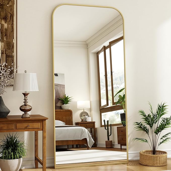 77''x 38'' Full Length Mirror, Rectangular Full Body Mirrors with Stand, Wall Mounted Mirror for Home Decor, Floor Mirror with Aluminum Alloy Thin Frame, Gold