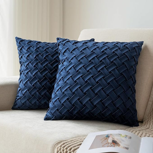 Velvet Decorative Throw Pillow Covers Set of 2, 18x18 Inch Soft Modern Weave Cushion Case, Farmhouse Home Decor Pillowcase for Sofa Living Room Couch Bed Navy
