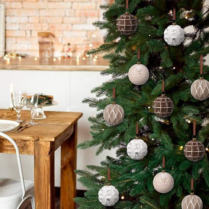 Syhood 12 Pcs Neutral Textured Christmas Ball Ornaments 2.4 Inch Vintage Xmas Tree Decorations Rustic Distressed Xmas Baubles Antique Farmhouse Modern Christmas Decor for Tree Home (Earth Tones)