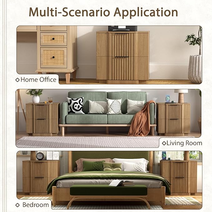 Yechen Fluted Nightstand with 20W Fast Charging Station - Modern Farmhouse Wood Night Stand with 2 Storage Drawers, Large Wide Bedside End Table for Bedroom with Curved Profile Base, Natural Oak