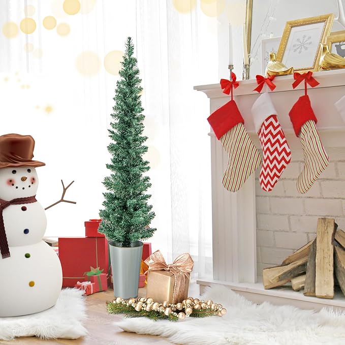 GOFLAME Set of 3 Potted Christmas Tree, 3’ 4’ 5’ Slim Pencil Trees with 120, 140, 160 Branch Tips & Cement-Filled Metal Bases, Artificial Entrance Xmas Trees for Porch, Front Door, Entryway
