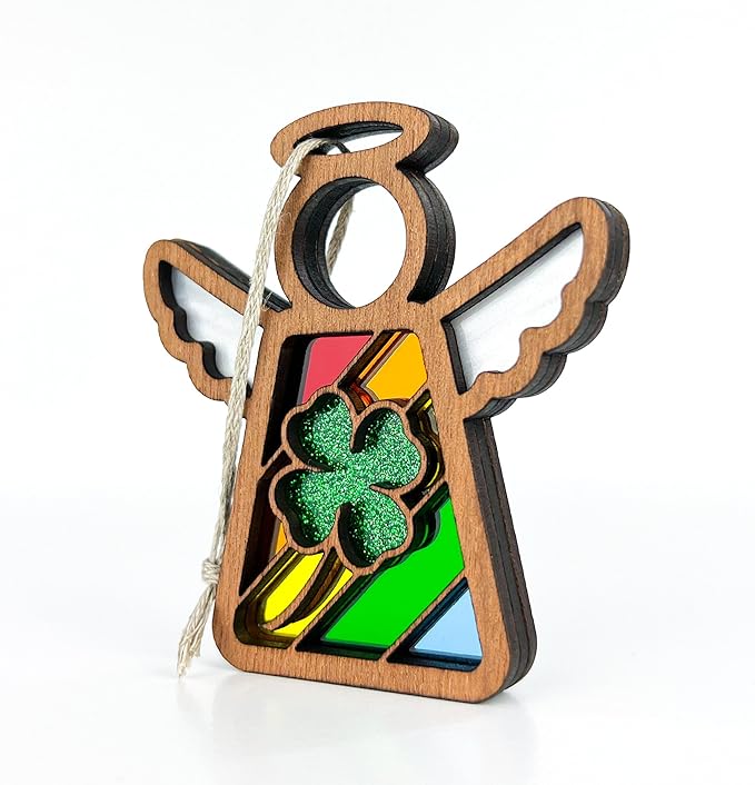 Rainbow Baby Ornament - Lucky Four Leaf Clover Suncatcher - Irish Blessing Decor - Angel Ornaments for Christmas Tree - 3.5" (H)