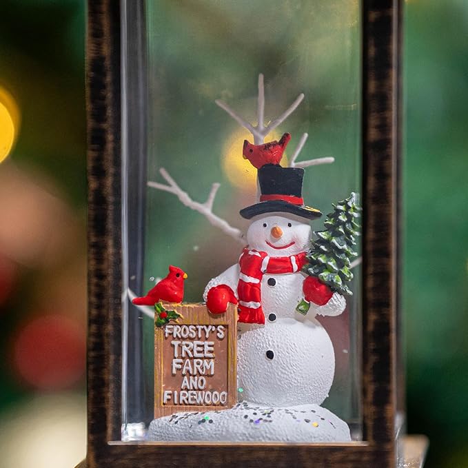 10'' Frosty's Tree Farm Snowman Musical Lighted Snow Globe Water Lantern with Swirling Glitter Decoration for Christmas Home, Living Room, Battery Operated or USB Powered