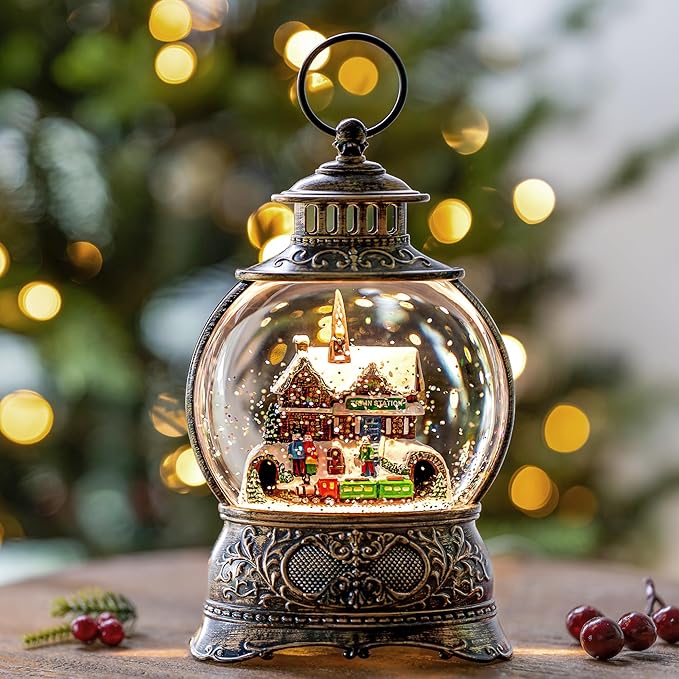 9.8" Christmas Snow Globe Water Lantern with Train Station Scene Battery Operated or USB Powered Musical Lighted Holiday Decoration for Tabletop Display for Family and Friends