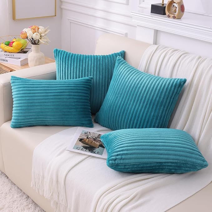 Simmore Decorative Throw Pillow Covers 26x26 Set of 2, Soft Natural Plush Flannel Double-Sided Fluffy Couch Pillow Covers for Sofa Living Room, Teal