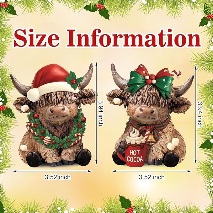 Karenhi 2 Pcs Highland Cow Figurines Christmas Hot Cocoa Highland Cow Gnomes Scottish Resin Statue Calf Lovers Gifts for Xmas Home Garden Kitchen Office Tiered Tray Table Decor