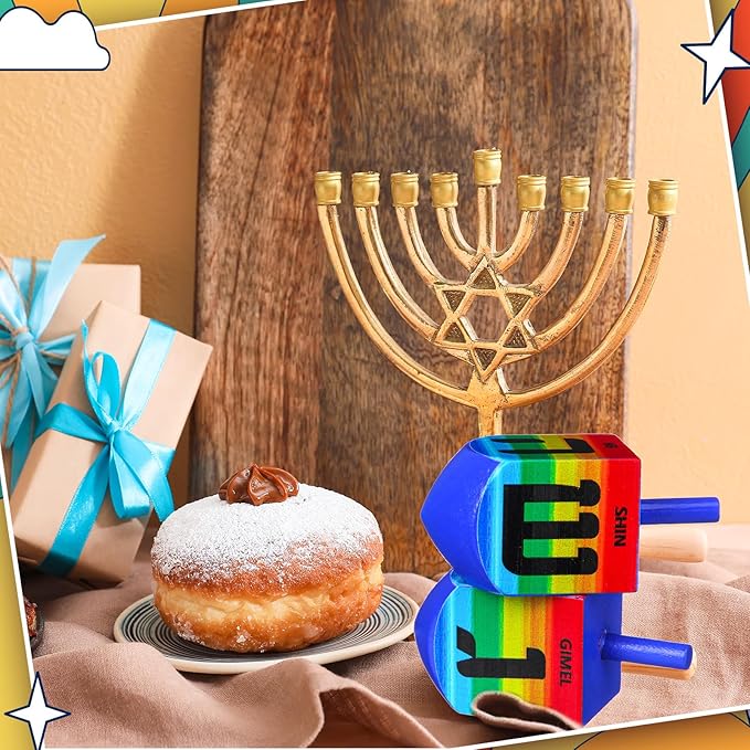 2 Pcs Hanukkah Dreidels Game Toy Extra Large Wooden Dreidel for Hanukkah Decoration with English Transliteration, Forever Spinning Tops Party Favors(Rainbow)