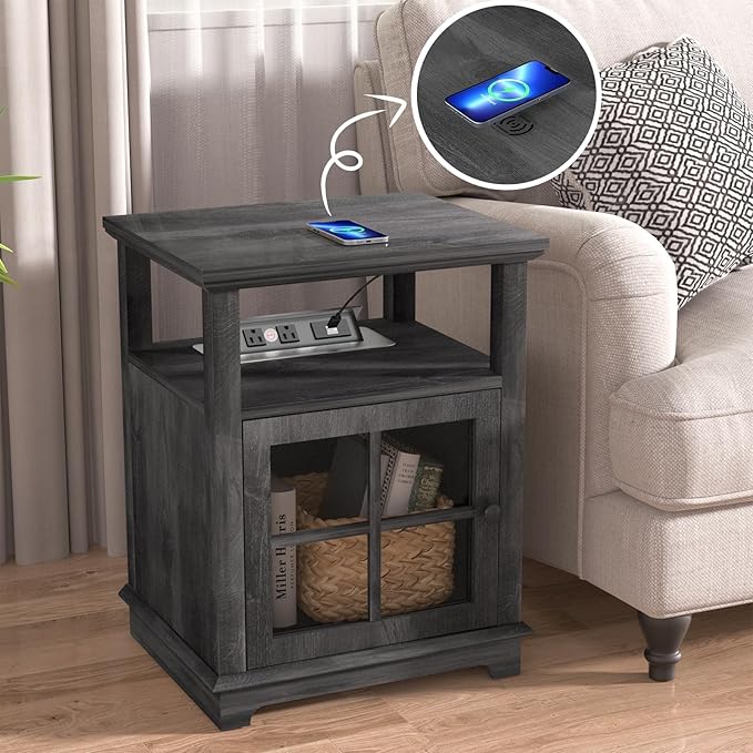HIFYOBRO 18'' End Table with Charging Station, Adjustable Shelf & Storage, Modern Farmhouse Nightstand for Bedroom, Living Room, Office