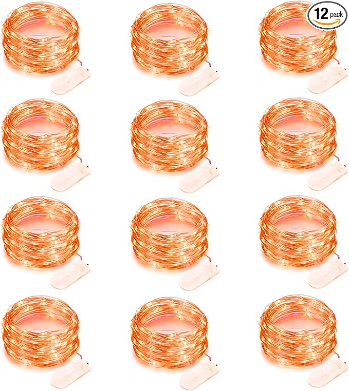 12 Pack Orange Halloween Lights Battery Operated String Lights 7 Feet 20 Led Fairy Lights Waterproof Mini Lights Silver Wire for DIY Indoor Outdoor Xmas Bedroom Holiday Halloween Party Decorations