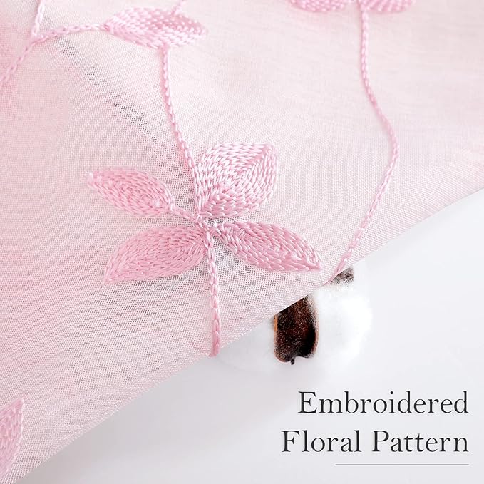 HOMEIDEAS Pink Sheer Curtains 52 X 63 Inches Length 2 Panels Embroidered Vine Floral Pattern Pocket Faux Linen Semi Sheer Voile Window Drapes for Bedroom Living Room
