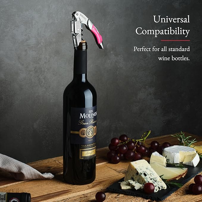 Barvivo Wine Opener with Foil Cutter and Cap Remover - Double Hinged Corkscrew for Bartenders - Stainless Steel Wine Key for Easy Bottle Opening - Manual Wine Bottle Opener - Pink Resin, 4.7x1.2-Inch