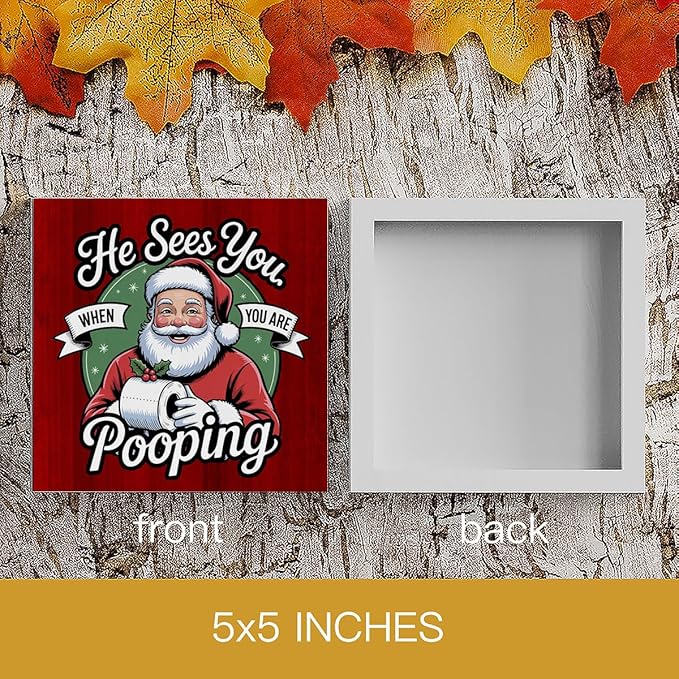 HTBIG Funny Bathroom Christmas Decor He Sees You When You Pooping Bathroom Wooden Box It In The Corner Shelf 5 x 5 Inch
