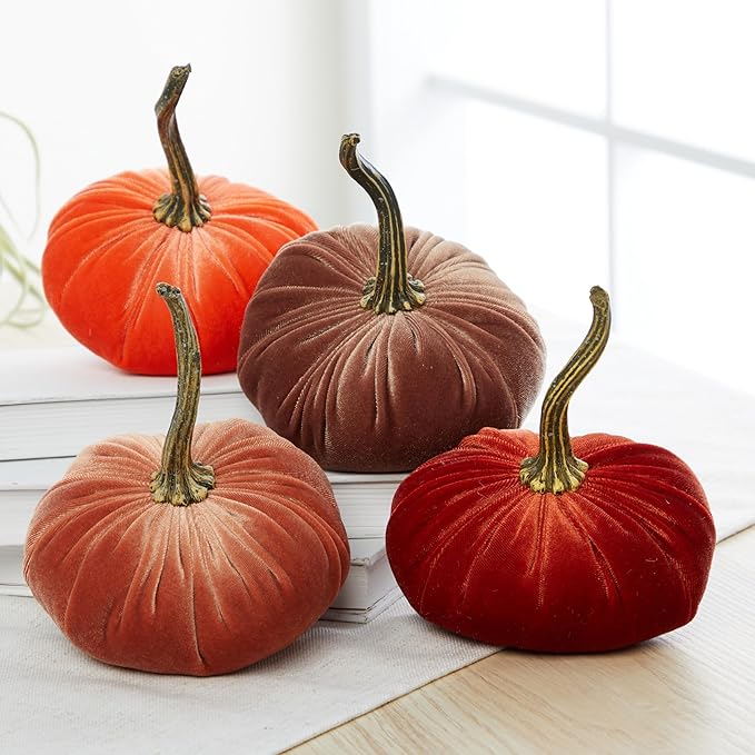 Your Heart's Content Small Velvet Pumpkins Set of 4, Luxury Velvet Fall Home Decor, Orange Pumpkin Accent, Halloween Centerpiece, Autumn Wedding Centerpiece (Sm Rust Harvest Bronze Tangerine)