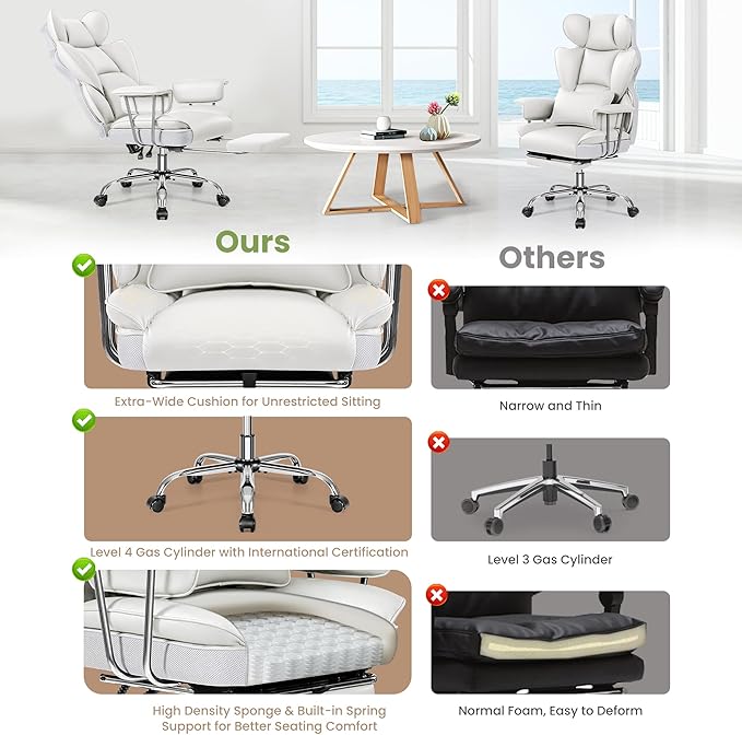 Office Desk Chair 400LBS, Big and Tall Office Chairs with Footrest, Leather Computer Gaming Chairs with Adjustable Height, Executive Office Chairs with Lumbar Support, White