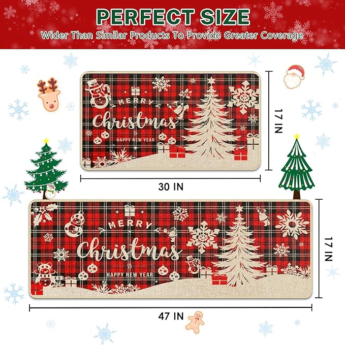 Christmas Red Buffalo Plaid Kitchen Rugs and Mats Non Skid Washable Set of 2, Tree Snowflake Xmas Kitchen Mats for Floor Decor
