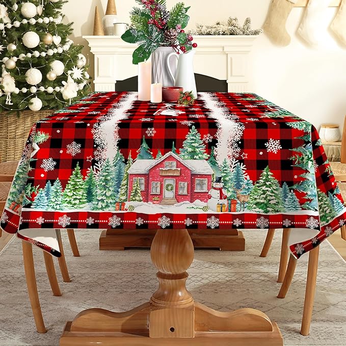 Christmas Tablecloth 60x140 Inches - Red Truck Party Decorations for Home - Christmas Table Cloth for Rectangle Table Xmas Holiday Buffalo Plaid Xmas Decor for Kitchen